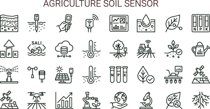 Agriculture soil sensor outline icon set featuring moisture monitoring crop nutrients precision farming vector collection for dashboards interfaces presentations applications platforms