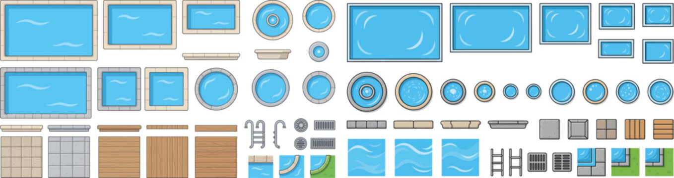 Architectural CAD symbol sheet in top view, windows, doors, portholes, plumbing and electrical icons with material swatches for floor plan legends, blueprint drafting and design presentation boards