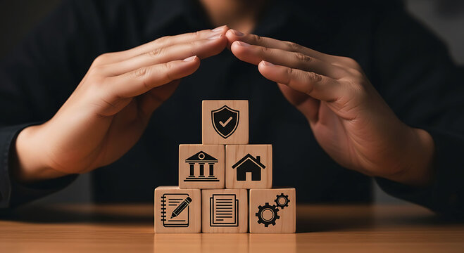 Business professional protecting assets with risk management and insurance concept