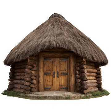 A rustic wooden cabin with a thatched roof and wooden door