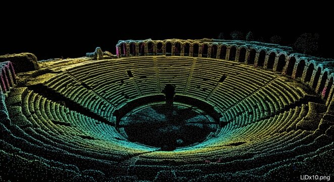 Amphitheater structure rendered in 3D laser scan point cloud. Digital reconstruction of ancient Roman ruin. Advanced geospatial surveying technology for historic site documentation.