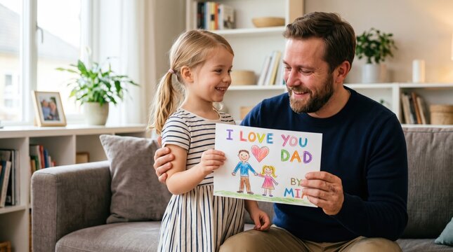 A smiling father and little girl holding a colorful handmade father's day card on a cozy couch