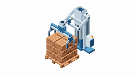 Obraz premium Isometric Robotic Arm Packing Cardboard Boxes on Wooden Pallet for Automated Warehouse Logistics and Smart Manufacturing Process Illustration