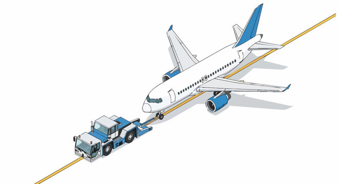 Isometric Illustration of a Commercial Airplane Towed by an Airport Tug Tractor on a Taxiway
