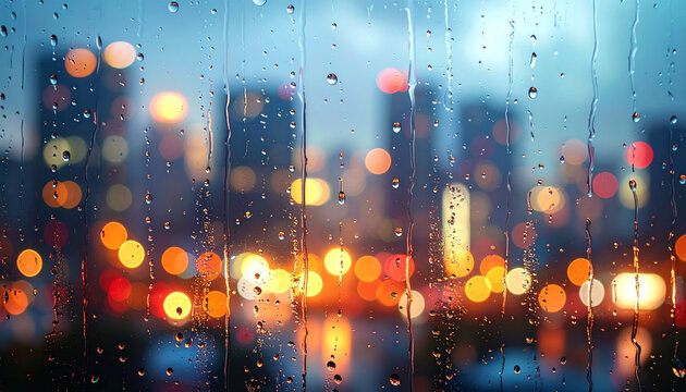 Raindrops on window with city lights