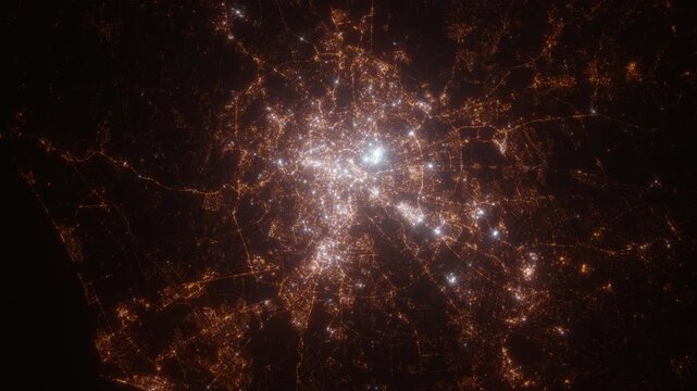 Rome (Italy) aerial view at night. View on modern city from space. Camera is zooming in, rotating counterclockwise
