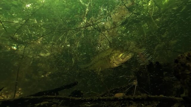 Underwater view of a largemouth bass Micropterus salmoides guarding a very dense school of fry, then moving in close to threaten an intruder in shallow lakeshore habitat.