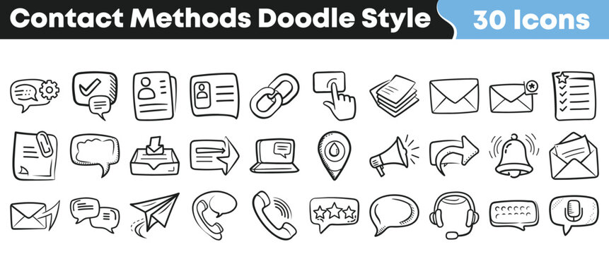 Collection of 30 hand-drawn contact methods and communication doodle style icons.