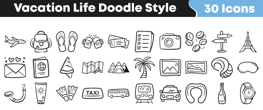 Collection of doodle-style vacation and travel icons for design projects
