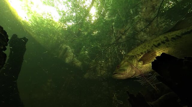 Low angle underwater view beneath a swarm of tiny largemouth bass Micropterus salmoides fry, as the red eyed father passes diagonally, with forest visible through the surface.