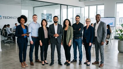 Fototapeta premium Large diverse business team standing together smiling in tech office