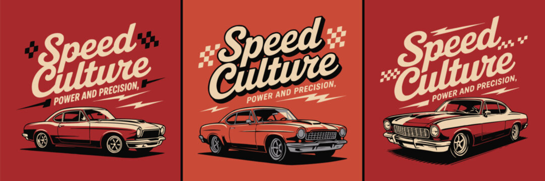 Three classic American muscle cars displayed with speed culture text and graphics