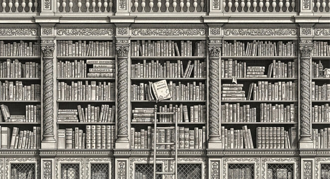 Antique library with tall bookshelves and ladder.