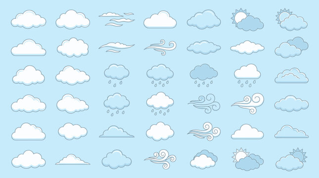Diverse collection of atmospheric weather icons depicting cloud shapes, precipitation, sun, and wind, ideal for climate applications, meteorological design, and digital forecasting
