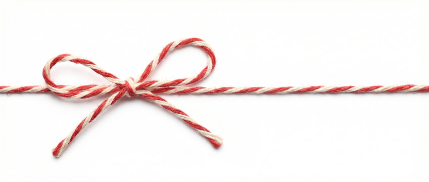  Red and white striped baker's twine bow tied on a string. Christmas gift wrapping decoration isolated on white background