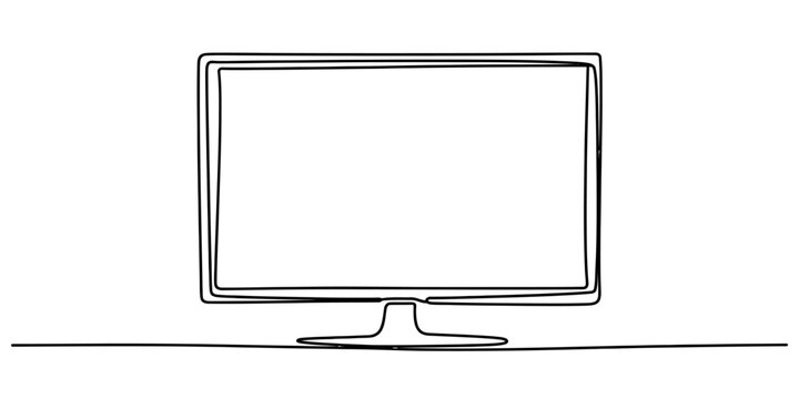 Simple line drawing of a computer monitor or tv screen on a flat surface Vector, illustration