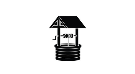 Naklejka premium A simple black silhouette depicts a classic wooden wishing well with a winding crank and bucket high quality