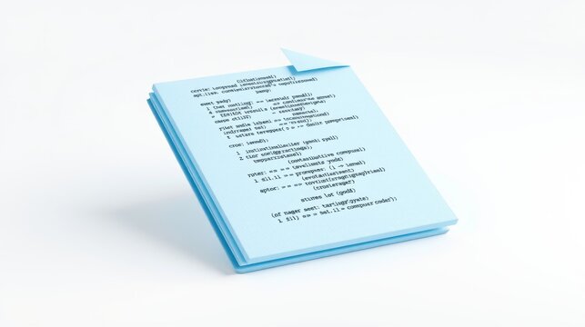 Stack papers displays code snippets. Blue background, white text. Programming concepts, syntax examples visible. Minimalist aesthetic.