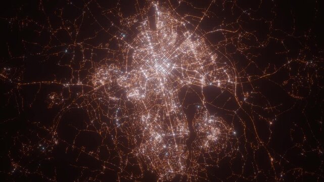 Uppsala (Sweden) aerial view at night. Top view on modern city with glow effect. Camera is zooming out, rotating counterclockwise