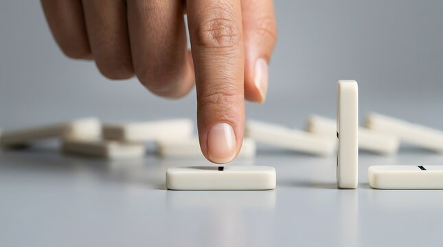 Finger Pressing Down One Fallen Domino Piece Among Scattered Tiles on Neutral Grey Background