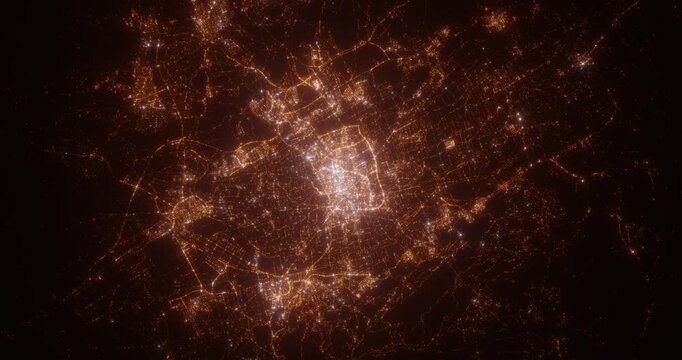 Murcia (Spain) aerial view at night. Top view on city from space. Camera is zooming in, rotating clockwise