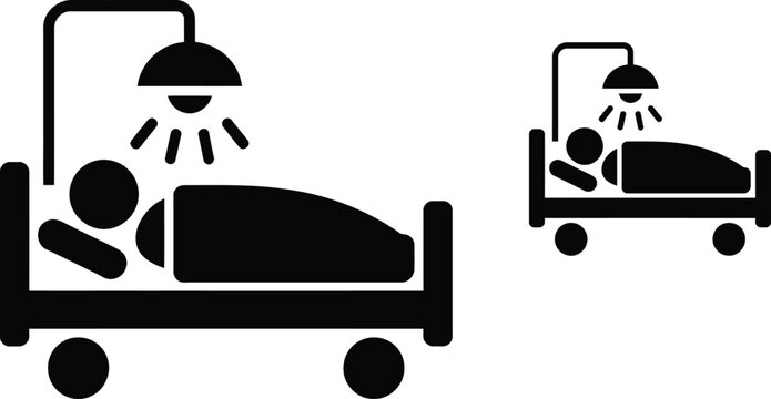 Hospital bed, patient icons, medical symbols, healthcare illustrations, black vector graphics