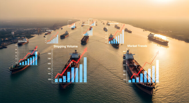 oil tanker navigating with rising financial graph chart. War oil price spike concept, energy fuel crisis, and geopolitical tension stock market impact. the Strait of Hormuz