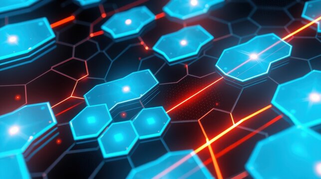 Abstract hexagonal grid. Glowing blue shapes connected by red lines. Dark background creates futuristic visual effect.
