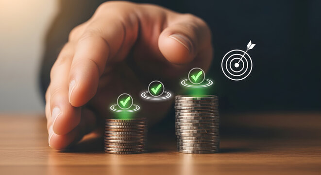 A hand places a coin stack with a green growth chart on a wooden table next to other stacks.