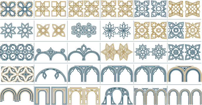 Islamic geometric patterns and arches set with ornamental tiles and arabesque designs in traditional style for architecture and decoration