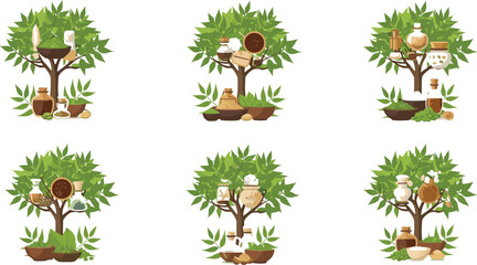 Fototapeta premium Herbal Tree Illustration Set Featuring Natural Products, Herbs, and Eco-Friendly Designs for Health, Wellness, and Organic Projects