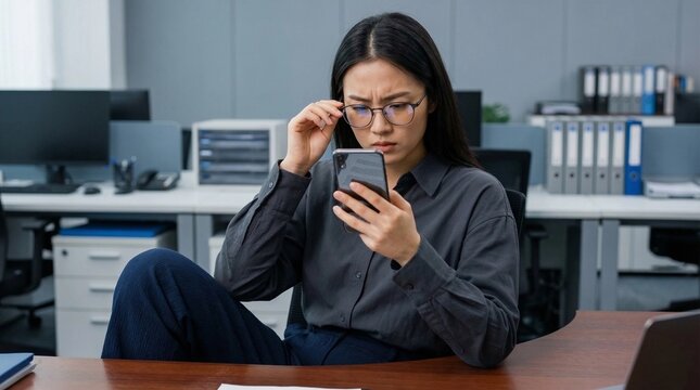 Young East Asian woman wearing glasses squints at her smartphone screen in an office