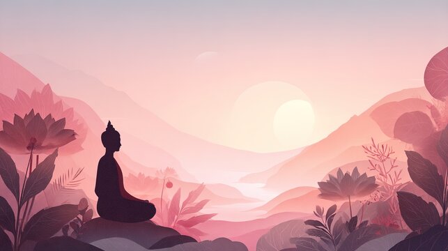 Serene Buddha Meditation in Nature Tranquil Landscape Minimalist Illustration Dawn Setting Concept of Ahimsa Nonviolence in Jainism