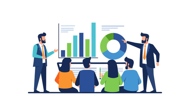 Business team analyzing data charts and graphs in a meeting room