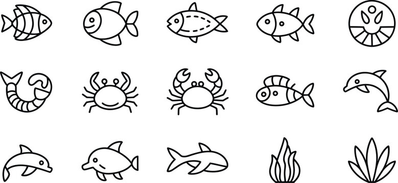 Seafood icons, fish symbols, ocean creatures, 16 line art illustrations