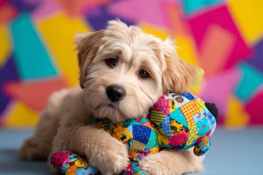 Cute cartoon-style puppy hugging oversized plush toy with colorful background