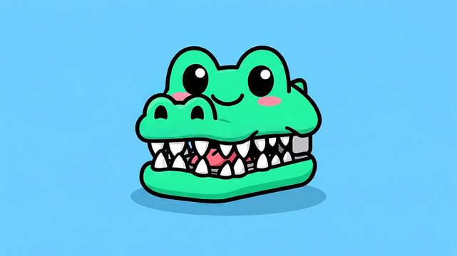 Cute Cartoon Alligator Head with Big Teeth and Pink Cheeks on Blue Background.