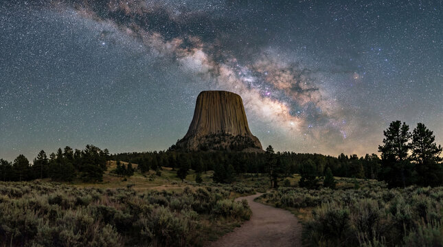 Devils Tower National Monument under the Milky Way galaxy at night with starry sky and forest landscape, Wyoming, USA
