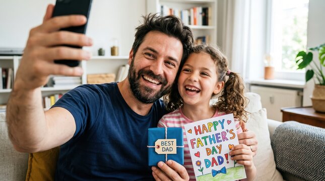 Smiling father and daughter taking selfie with handmade father's day card