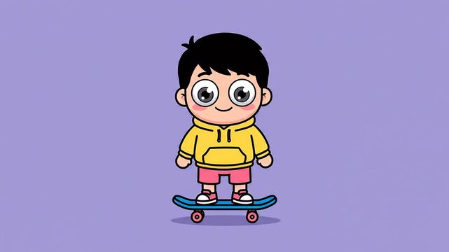 Cute cartoon boy skateboarding and jumping with joy.