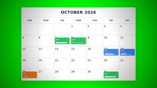 A digital calendar for October 2026 with marked events and a bright green background