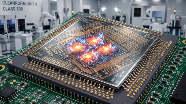 Hyperrealistic macro photograph of a modern computer processor chip during intense computation. Visible microscopic transistors, copper interconnects, and silicon die. Tiny electrical sparks and heat 