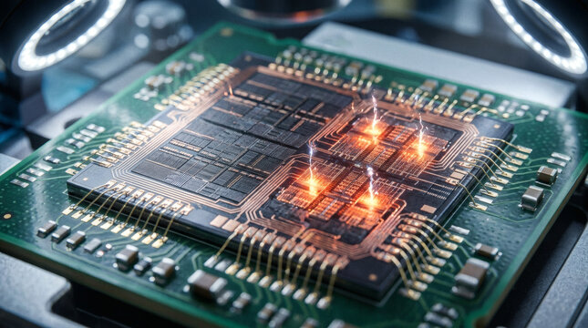 Hyperrealistic macro photograph of a modern computer processor chip during intense computation. Visible microscopic transistors, copper interconnects, and silicon die. Tiny electrical sparks and heat 