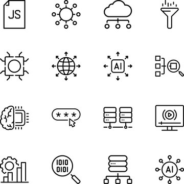 Technology icons data and artificial intelligence, chip, globe, AI, code, brain, password, server, monitor