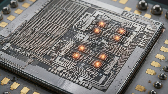 Hyperrealistic macro photograph of a modern computer processor chip during intense computation. Visible microscopic transistors, copper interconnects, and silicon die. Tiny electrical sparks and heat 