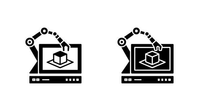 Robotic arm interacting with 3D cube on computer screen concept of automation engineering design, automation