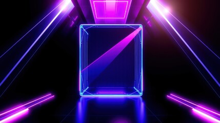 Obraz premium Neon lights form cubic structure. Dark background emphasizes vibrant purple, blue glow. Futuristic design creates immersive visual experience.