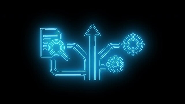 Neon blue flowchart diagram with arrow, gears, and document icons on a black background with a glowing effect.
