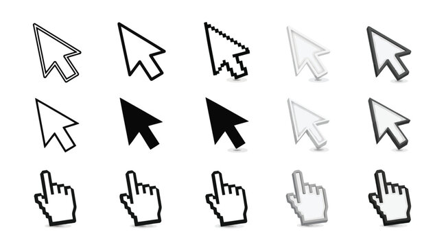 Set of various computer mouse cursor icons, including arrow and hand pointers in different styles and designs
