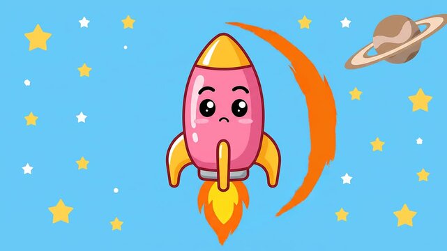 Cute Pink Rocket Flying Through Space with Stars and Planet.